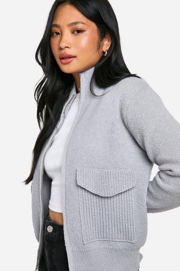 Petite Zip Through Knitted Cardigan grey