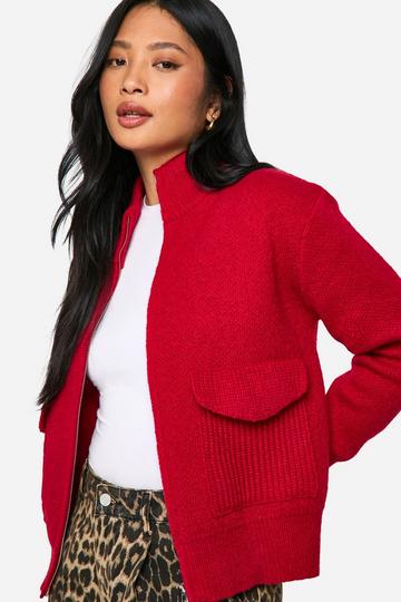 Petite Zip Through Knitted Cardigan red