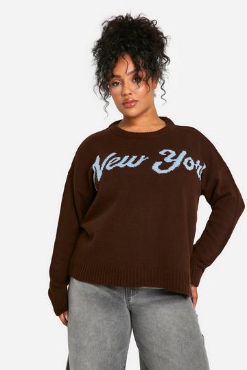 Plus Oversized Gebreide New York Trui Met Tekst chocolate