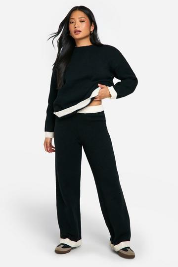 Petite Contrast Knitted Jumper And Trouser Co Ord black