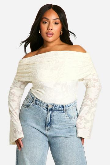 White Plus Off The Shoulder Flare Sleeve Jacquard Floral Bodysuit