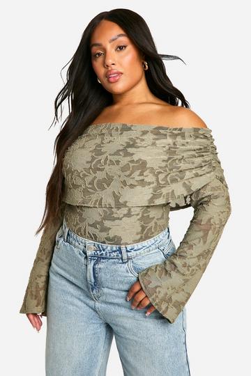 Plus Bardot Flare Sleeve Jacquard Floral Bodysuit khaki