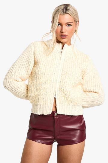 Sequin Knitted Zip Through Bomber Cardigan cream