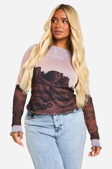 Plus Landscape Print Mesh Long Sleeve Top pink