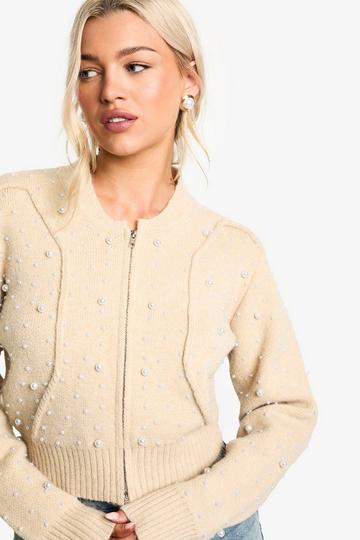 Pearl Detail Knitted Zip Through Bomber Cardigan beige