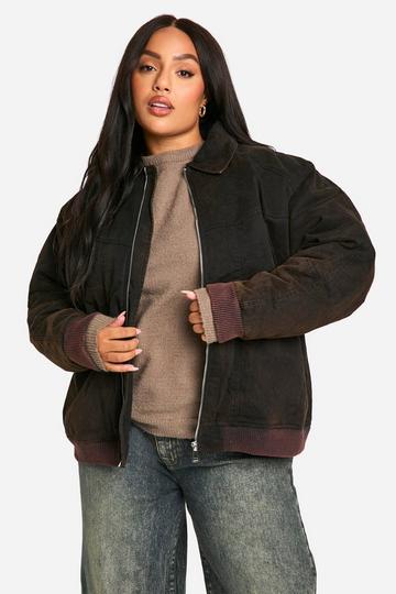 Brown Plus Vintage Washed Bomber Jacket