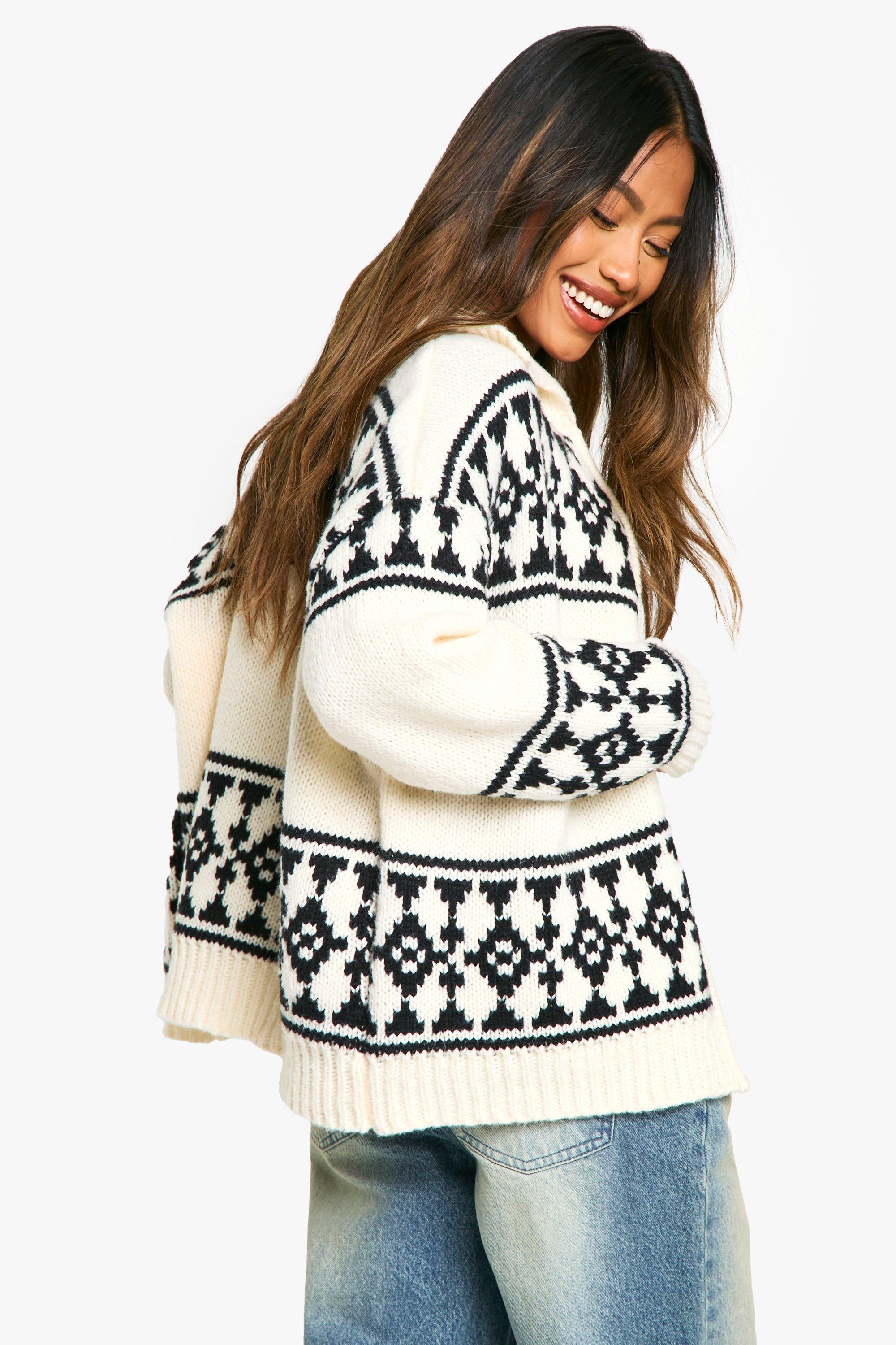 Knitted Oversized Zip Through Fairisle Cardigan boohoo