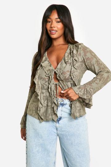 Plus Burnout Double Ruffle Tie Front Blouse khaki