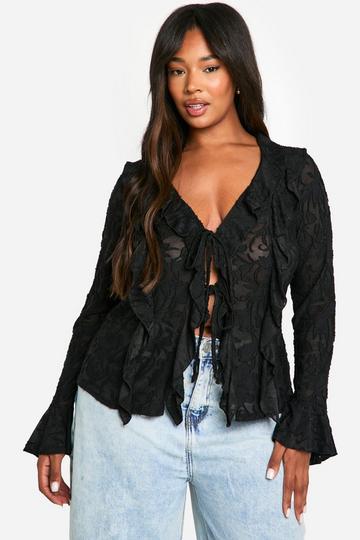 Plus Burnout Double Ruffle Tie Front Blouse black