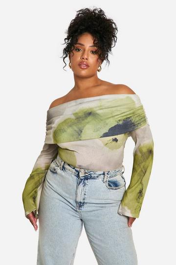 Plus Large Floral Ruched Off The Shoulder Overlay Bodysuit grey