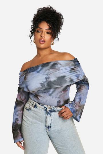 Plus Abstract Ruched Bardot Overlay Bodysuit blue