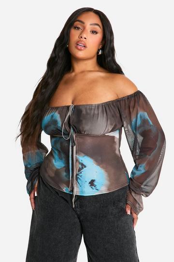 Plus Mesh Off Shoulder Korset Top Met Grote Bloemenprint chocolate