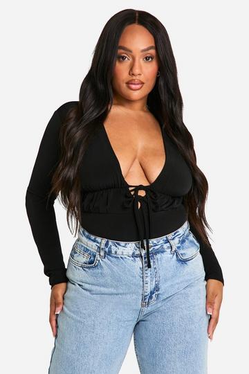 Plus Tie Front Double Layer Bodysuit black