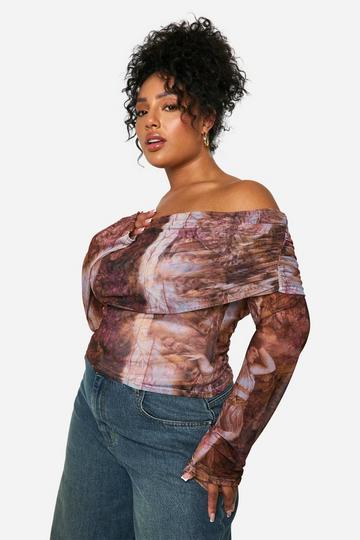 Plus Renaissance Print Bardot Mesh Top rust