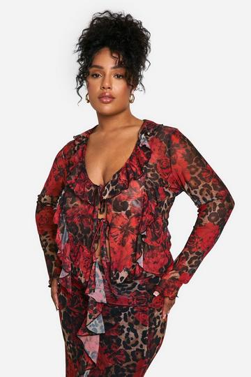 Plus Mesh Luipaardprint Top Met Ruches brown