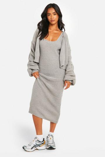 Petite Dikke Gebreide Jurk En Cardigan Set grey