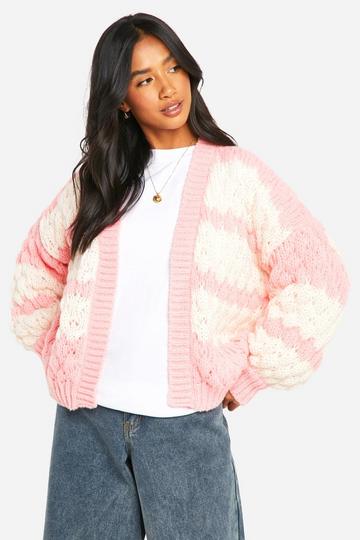 Petite Gestreepte Dikke Gebreide Bolletjes Cardigan pink