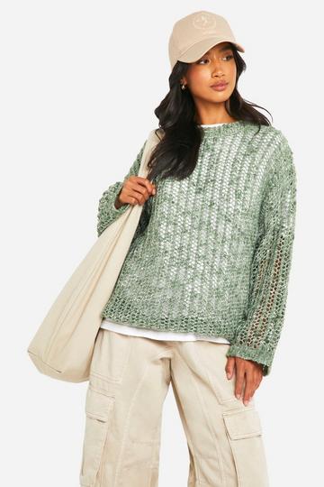 Petite Laddered Boucle Oversized Sweater khaki