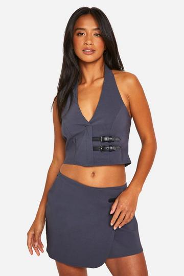 Petite Halter Belted Crop Top charcoal