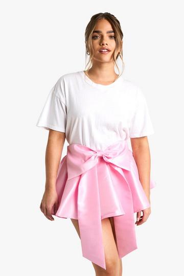 Pink Petite Satin Bow Skater Mini Skirt