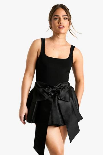 Petite Satin Bow Skater Mini Skirt black