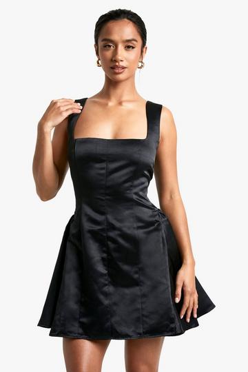 Petite Satin Structured Square Neck Skater Dress black