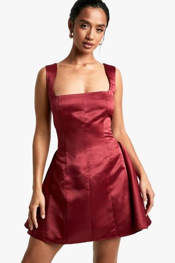 Red Petite Satin Structured Square Neck Skater Dress