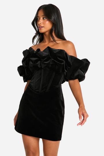 Petite Extreme Ruffle Velvet Mini Dress black