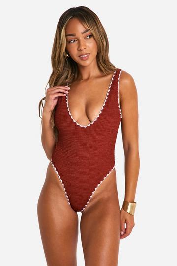 Crinkle Contrast Edge Plunge Swimsuit rust