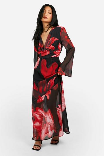 Red Petite Bold Floral Cowl Detail Maxi Dress