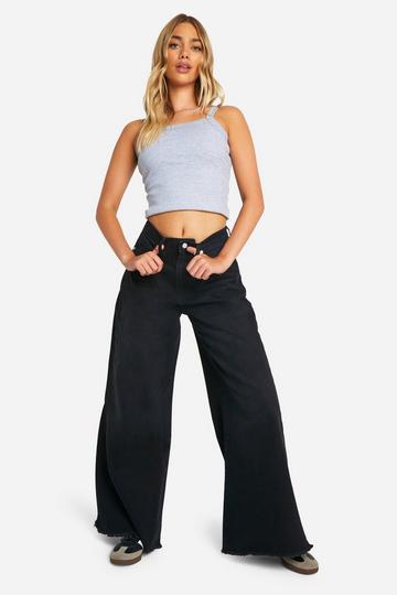 Raw Hem Detail Wide Leg Denim Jeans black