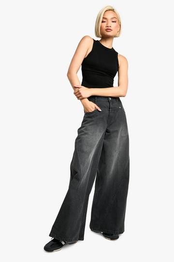 Gebleekte Zwarte Wide Leg Jeans Met Naaddetail washed black