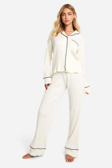 Essentials Piping Detail Long Sleeve Shirt & Trousers Pyjama Set cream