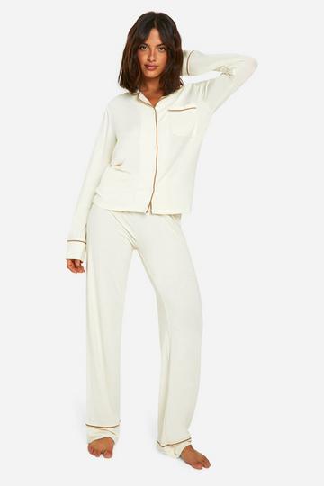 Premium Super Soft Button Front Trouser Pyjama Set cream