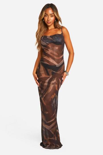 Tiger Print Cowl Neck Maxi Beach Dress dark brown