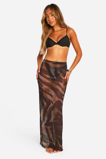 Tiger Print Maxi Beach Skirt dark brown