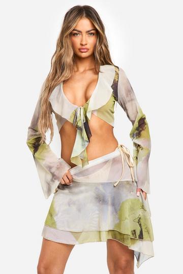 Floral Ruffle Beach Top grey