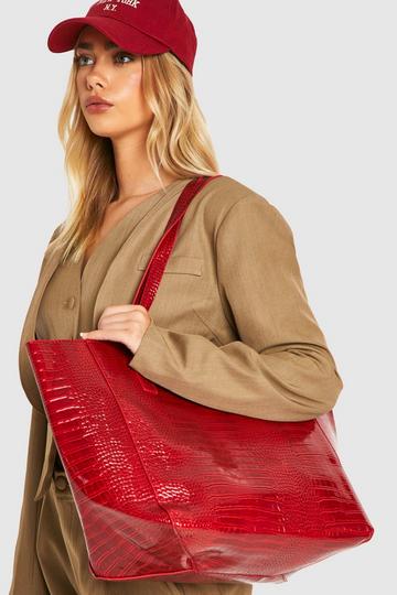 Oversized Faux Leather Croc Tote Day Bag cherry