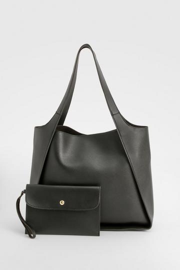 Faux Leather Detachable Clutch Tote Bag black