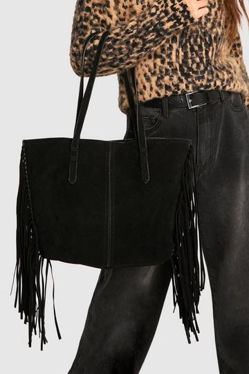 Black Faux Suede Fringed Shopper Tote Bag