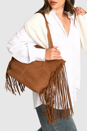 Tan Brown Faux Suede Fringed Shopper Tote Bag