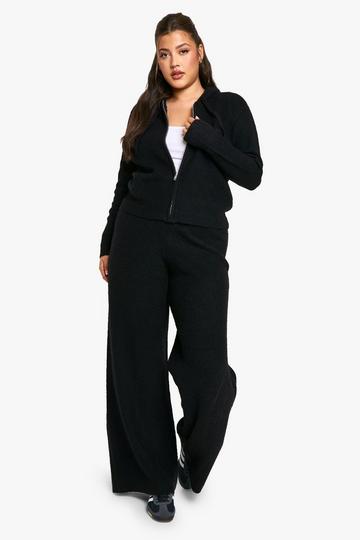 Plus Zachte Gebreide Hoodie Met Lange Mouwen En Wide Leg Broek Set black