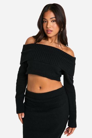 Black Petite Bardot Cropped Knitted Jumper