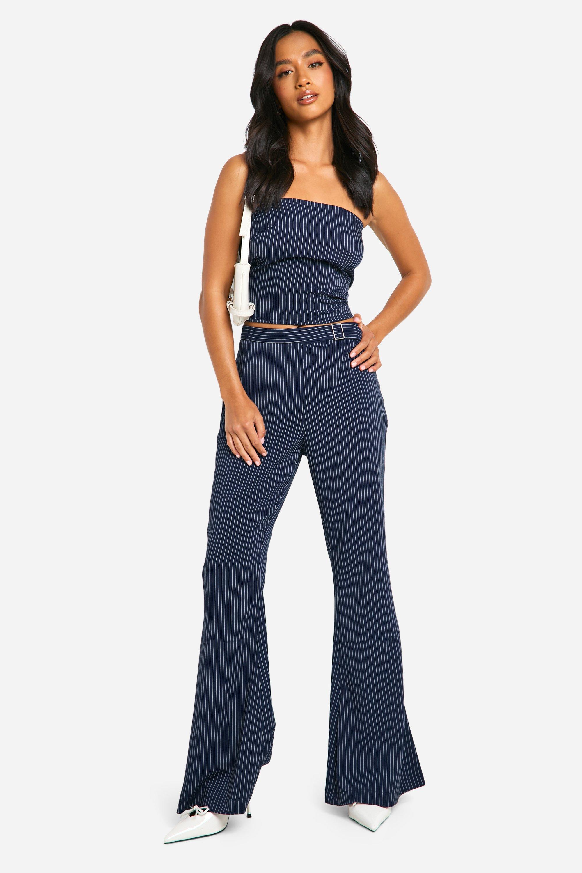 Navy Petite Low Waist Pinstripe Flare Trousers