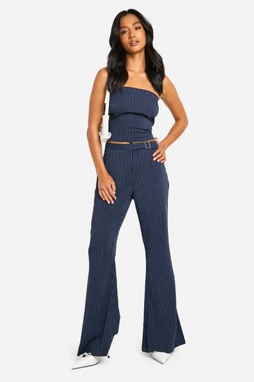 Petite Low Waist Pinstripe Flare Trousers navy