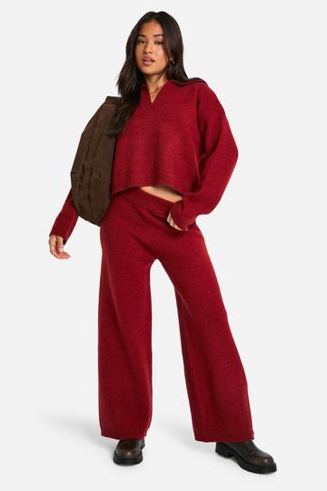 Petite Collared V Neck Jumper And Trouser Co Ord wine