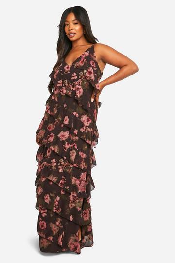 Plus Floral Frill Plunge Ruffle Maxi Dress black