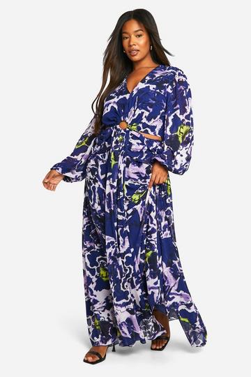 Plus Chiffon Bloemenprint Maxi Jurk Met Uitsnijding blue