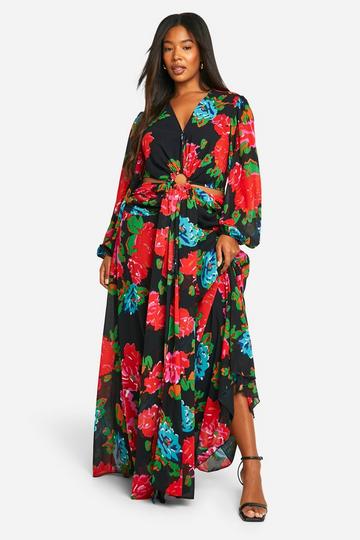 Plus Chiffon Bloemenprint Maxi Jurk Met Uitsnijding black