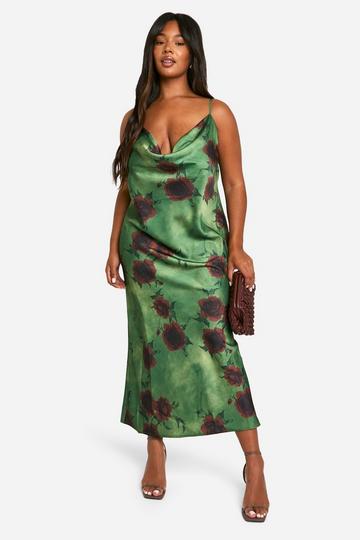 Plus Floral Cowl Neck Midi Dress khaki